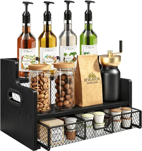 Homode Estante organizador de jarabe de café, soporte para jarabe de 3 niveles con cajón de almacenamiento de tazas de 35 K, capacidad de 8