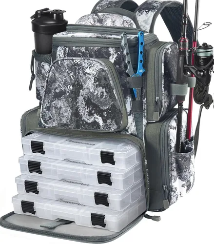 Miniatura 10 de Piscifun Mochila de pesca con 2 soportes para caña y 4 cajas de aparejos, bolsa grande de almacenamiento de aparejos con cubierta de lluvia