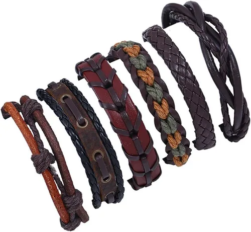 Miniatura 3 de Juego de joyas de oro rosa, pulsera de cuero, joyería tejida a mano, pulseras trenzadas de múltiples capas (negro, talla única)