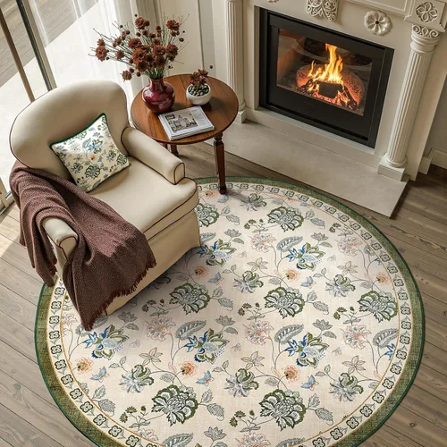Miniatura 197 de Jinchan Fiora - Alfombra redonda de 8 pies, alfombras vintage con diseño floral envejecido, lavable a máquina, antideslizante, de pelo bajo, Azul