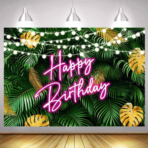 Miniatura 3 de Sensfun Fondo de fotos de hojas de palma tropicales hawaianas con texto en inglés "Happy Birthday" Aloha Luau Rosa Neón Cumpleaños Hojas Verdes