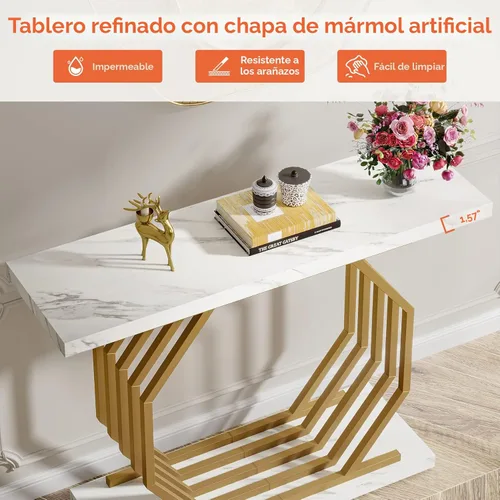 Miniatura 6 de Tribesigns Mesa Consola Dorada, Mesa de Entrada Estrecha de Mármol Sintético con Base de Metal Geométrica, Mesa de Acento Moderna de 40 Pulgadas