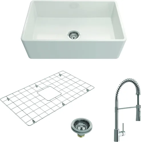 Miniatura 45 de BOCCHI Classico Farmhouse Fregadero de cocina de arcilla refractaria con frente de delantal de 20 pulgadas, un solo tazón con rejilla protectora