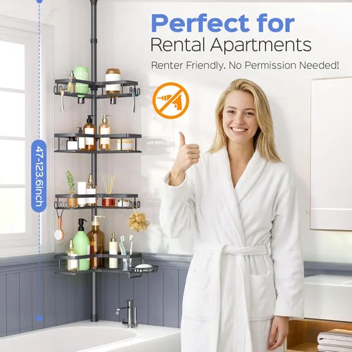 Miniatura 6 de HAMITOR Poste de tensión para ducha: organizador de baño de esquina a prueba de óxido de 4 niveles con soporte para jabón y ganchos - estante