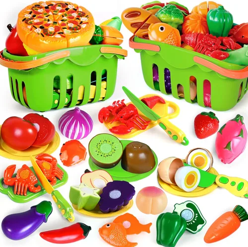 Miniatura 7 de 100 PIEZAS Juego de Comida de Simulación para Cocina de Juguete para Niños, Accesorios de Juguete de Comida de Cocina con 2 Canastas, Comida Verde