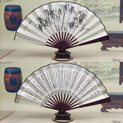 Miniatura 3 de Fox Baby 2 abanicos de mano plegables grandes, abanicos de tela de bambú de 13 pulgadas con pintura tradicional china para rendimiento, decoraciones