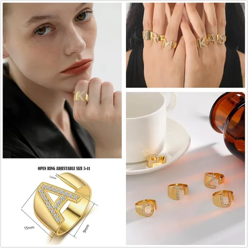 Miniatura 3 de Honsny Anillo de oro de moda con letra inicial para mujer, anillos dorados gruesos y ajustables con circonita cúbica, alfabeto mayúscula, nudillo