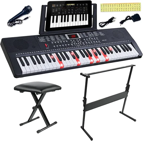 Miniatura 7 de Piano de teclado de 61 teclas para principiantes con teclas iluminadas y modos de enseñanza profesional, incluye soporte, banco, micrófono, soporte