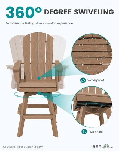 Miniatura 3 de SERWALL Silla de bar Adirondack giratoria de HDPE, silla Adirondack giratoria para balcón, taburetes de bar de altura de barra al aire libre