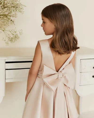 Miniatura 2 de MCieloLuna Vestidos de niña de flores para boda con nudo de lazo elegante de satén para primera comunión