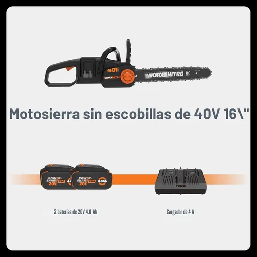 Miniatura 8 de Worx Nitro - Motosierra inalámbrica sin escobillas de 16 pulgadas y 40 V, batería de 4.0 Ah y cargador incluidos WG385