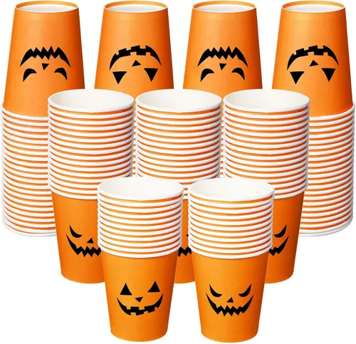 Lallisa 100 vasos desechables de Halloween de 9 onzas, tazas de papel de calabaza naranja, tazas de café para café, agua, jugo, bebidas calientes y