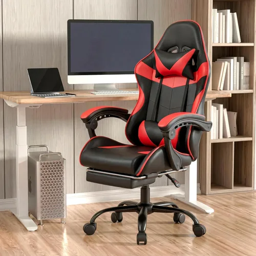 Miniatura 8 de Silla de juegos, silla ergonómica para computadora con reposapiés y soporte lumbar, silla de oficina de altura ajustable con asiento giratorio