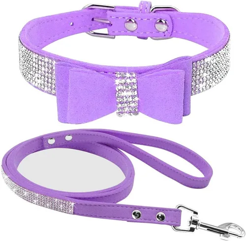 Miniatura 23 de Conjunto de Collar y Correa para Mascotas, Bonito y Deslumbrante de Ante Suave con Diamantes de Imitación de Cristal, Collar y Correa para Gatos