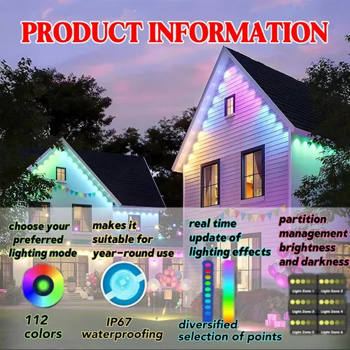 Miniatura 4 de Luces RGB Permanentes para Exteriores, Luces LED Inteligentes Impermeables para Aleros con Control de Aplicación/Remoto, Impermeables IP67 para DIY