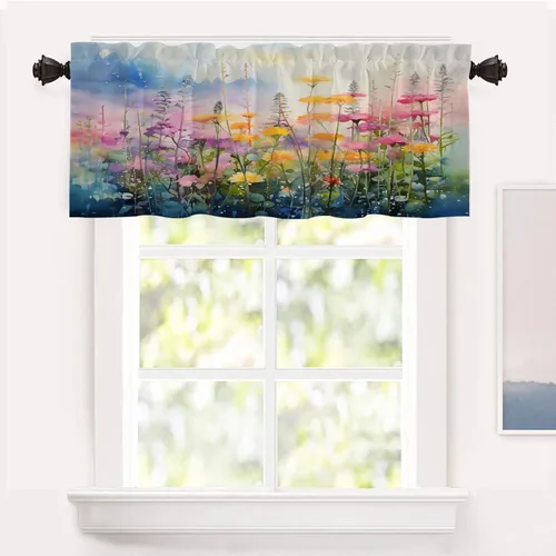 Miniatura 23 de Shrahala Floral Abstract Design Blackout Curtain Tiers, Minimalist Flower Illustration Kitchen Valance Light Blocking Tier Drapes with Rod Pocket, 2