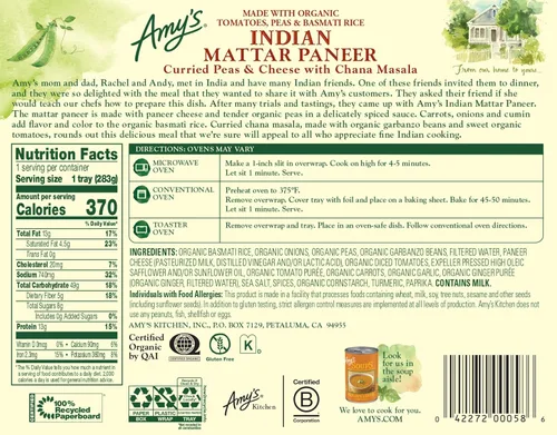 Miniatura 2 de Amy's Indian Mattar Paneer - Comida para microondas, 10 onzas