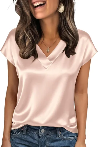 Miniatura 12 de Zeagoo - Camisetas de mujer de satén de seda, tops de manga corta con cuello en V, blusas para negocios y conjuntos casuales, talla S-2XL