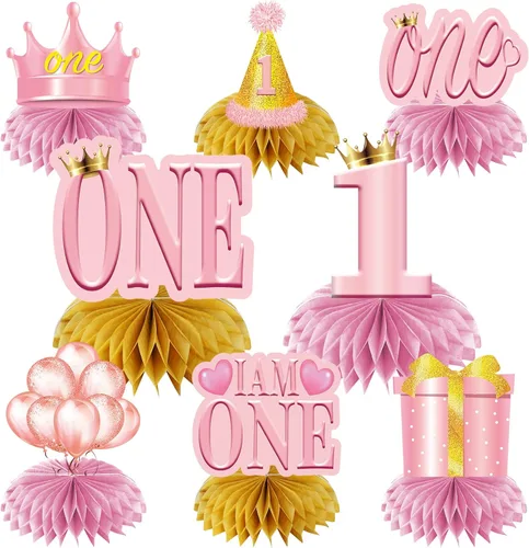 8 piezas de decoración de primer cumpleaños, centros de mesa de panal para niñas, color oro rosa rosa con texto en inglés "I Am One Happy First