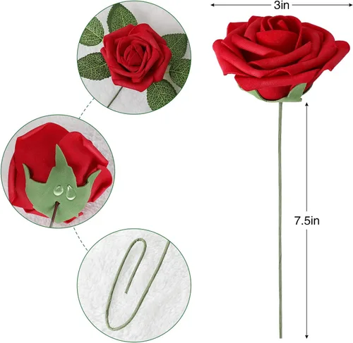 Miniatura 8 de AmyHomie Flores artificiales rosas rojas, 25 rosas falsas de aspecto real con tallo para ramos de boda, centros de mesa, arreglos de fiesta, baby