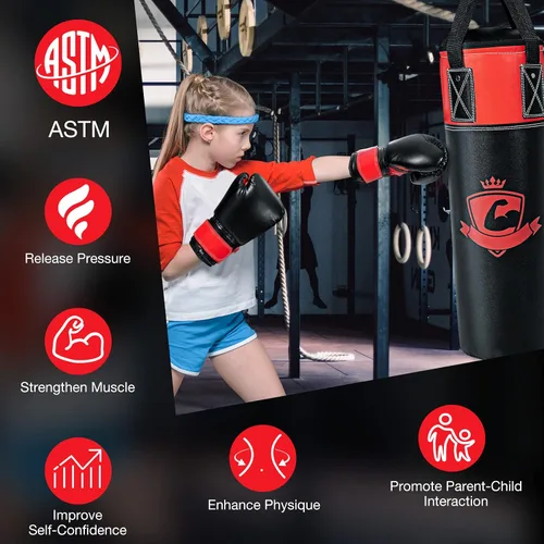 Miniatura 9 de GYMAX Saco de boxeo para niños, saco de boxeo prellenado con guantes de boxeo, envolturas de mano y bolsa de transporte, saco de boxeo pesado
