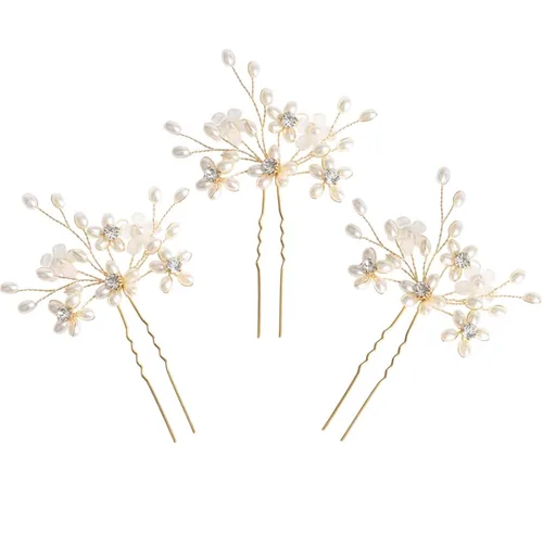 Elegantes horquillas para el pelo de boda con perlas, accesorios de cristal floral flexibles para mujeres nupciales, paquete de 3 (dorado)