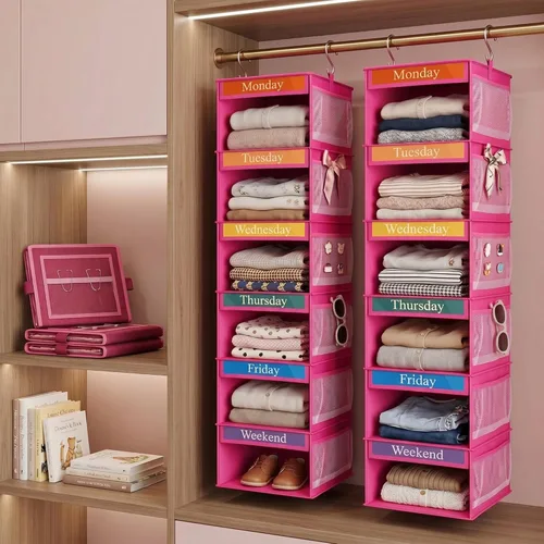 Miniatura 8 de Amylove Paquete de 2 organizadores semanales de ropa de 6 estantes para niños con bolsillo lateral, organizador de ropa para días de la semana de 47