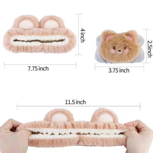 Miniatura 2 de WHAVEL Juego de 3 bandas para el cabello, diadema de spa y pulsera con lindas orejas de oso, bandas de lavado facial para mujeres y niñas (café 01)