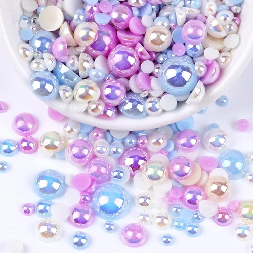 Miniatura 24 de Perlas con parte trasera plana para manualidades, 50g Mezcla Azul Rosa Blanco Medias perlas para manualidades, Tamaño mixto 3/4/5/6/8/10mm Perlas