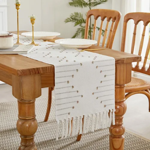 Miniatura 7 de Wracra Camino de Mesa Bohemio, Caminos de Mesa de Macramé Tejidos de Algodón Natural de 48 Pulgadas de Largo para Decoración del Hogar de Granja