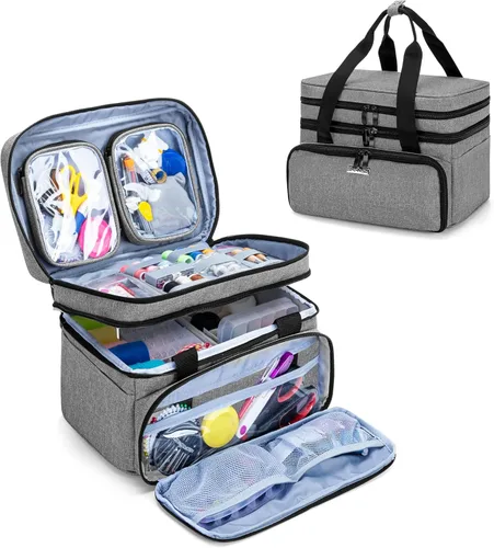 BAFASO Organizador de accesorios de costura de doble capa con 2 bolsas desmontables, bolsa de almacenamiento grande para herramientas de costura Gris