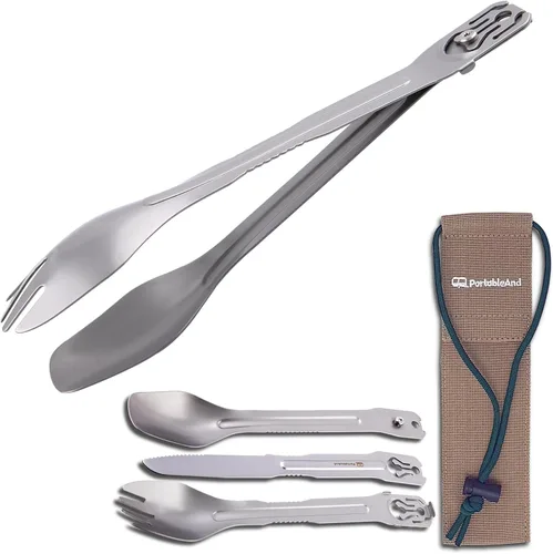 PortableAnd Juego de utensilios de camping 4 en 1: cuchara, spork, cuchillo, pinzas, multiherramienta de acero inoxidable para cocinar al aire