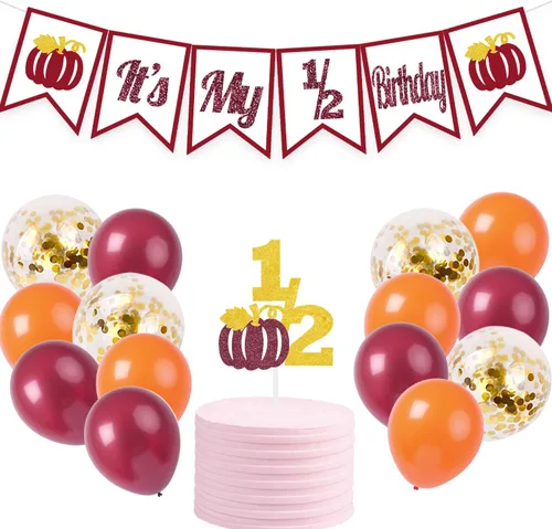 Miniatura 6 de Cartel de cumpleaños 1/2 con texto en inglés "Pumpkin It's My 1/2" para decoración de pastel de 6 meses, accesorios para fotos de Halloween, globos