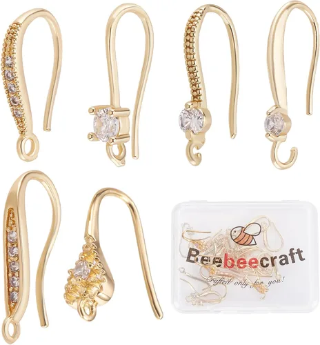 Beebeecraft 24 piezas 6 estilos de ganchos para aretes de circonita cúbica chapados en oro de 18 quilates con gancho de anzuelo de alambre para