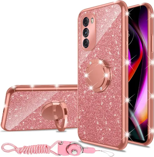 Miniatura 25 de nancheng Funda de teléfono con purpurina para Motorola Moto One 5G Ace (One 5G UW Ace) funda de TPU suave con anillo giratorio de 360°, funda