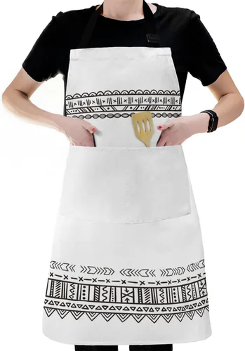 Miniatura 6 de Waterproof Apron with 2 Pockets, Boho Style Black White Geometric Pattern Adjustable Man and Women Kitchen Bib Apron for Baking Cooking Restaurant
