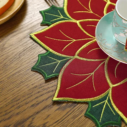 Miniatura 8 de Juego de manteles individuales de Navidad de 16 pulgadas, manteles individuales de flor de pascua con bordados y hojas verdes, manteles individuales