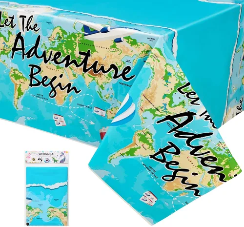 WERNNSAI Mantel de viaje – 1 mantel de 108 x 54 pulgadas con mapa del mundo | Adventure World Awaits Bon Voyage - Decoraciones de fiesta de