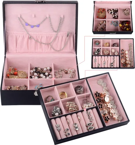 Miniatura 7 de Kendal 2 bandejas de cuero negro viaje joyero caja organizador de almacenamiento con cerradura LJT004BK