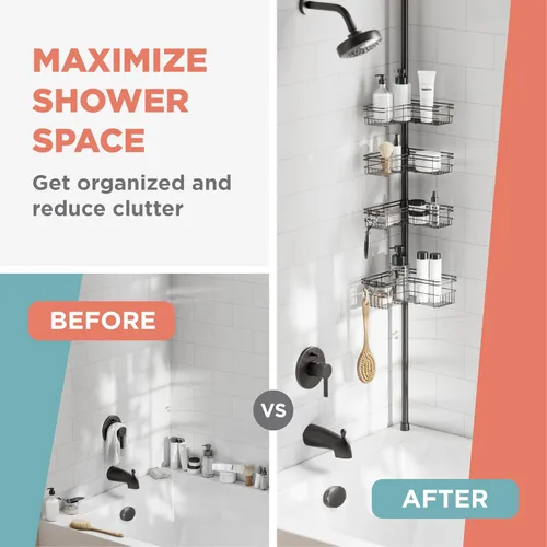 Miniatura 9 de Zenna Home Organizador de esquina con barra de tensión, organizador de ducha ajustable con 4 cestas en forma de L y ganchos, organizador de barra