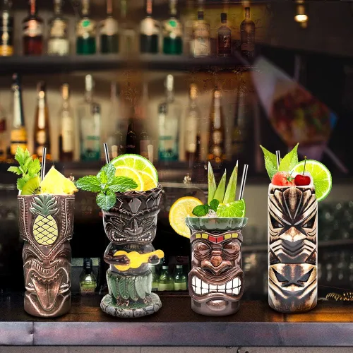 Miniatura 7 de SuproBarware Tiki - Juego de 4 tazas de cerámica hawaiana para fiesta, tazas grandes de fiesta Tiki para cócteles, bebidas tropicales de bar