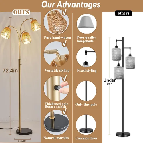 Miniatura 3 de Lámpara de pie dorada de ratán para sala de estar, lámpara de pie boho de 72 pulgadas de alto con interruptor giratorio, lámpara de arco de 3 luces