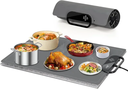 Tapete de calentamiento de alimentos – Bandeja de calentamiento eléctrico de calentamiento rápido con 7 ajustes de temperatura, temporizador de 11