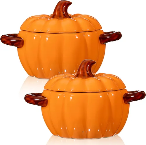 Uiifan 2 cuencos de calabaza de cerámica para cocinar Acción de Gracias, cacerola de 17 onzas, plato de sopa naranja, lindo recipiente seguro para