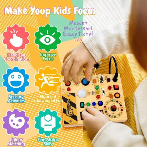 Miniatura 5 de Tablero de actividades con interruptores de luz LED, juguetes Montessori para niños de 1, 2, 3 años, tablero de actividades sensoriales de madera
