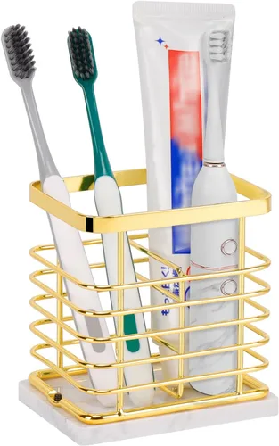 Miniatura 9 de Soporte para cepillos de dientes, lujoso soporte de metal para cepillo de dientes y pasta de dientes con base de mármol para baño, diseño calado