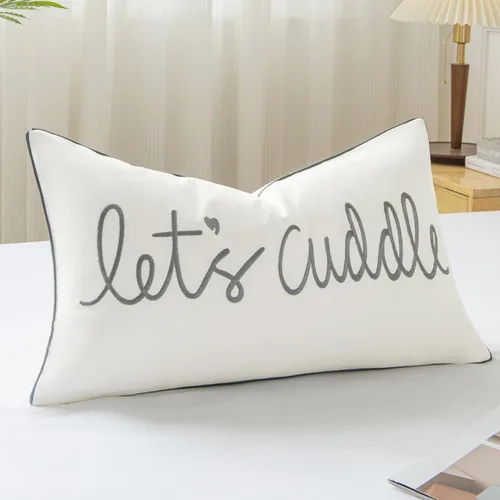 Sanmetex - Funda de almohada lumbar decorativa para abrazarnos de 12x20 pulgadas, funda de almohada rectangular bordada en gris para cama, Blanco