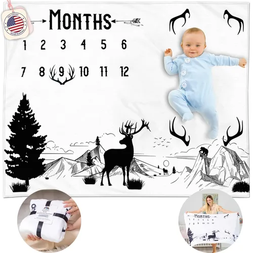 Miniatura 13 de Manta Milestone para bebé niño – Manta mensual de bebé, seguimiento del crecimiento para recién nacido, decoración de guardería de bosque, tema