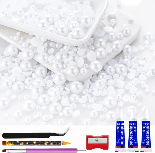 Miniatura 64 de 60g de Perlas Acuamarina Dorada con Diamantes de Imitación para Manualidades Tamaño Mixto 3mm-10mm Color AB Redondas Perlas Medias Planas Conjunto