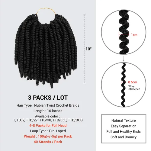 Miniatura 2 de AU-THEN-TIC Nubian Twist - Cabello rizado de 10 pulgadas, rizos de resorte previamente enlazados, 2 paquetes, extensiones de cabello rizado